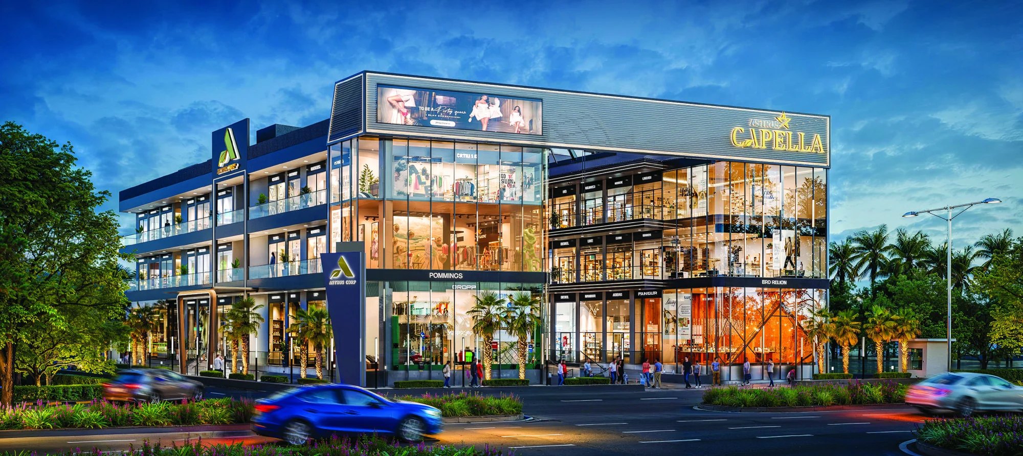 Architectural evening rendering of Astrus Capella's glass-fronted retail destination